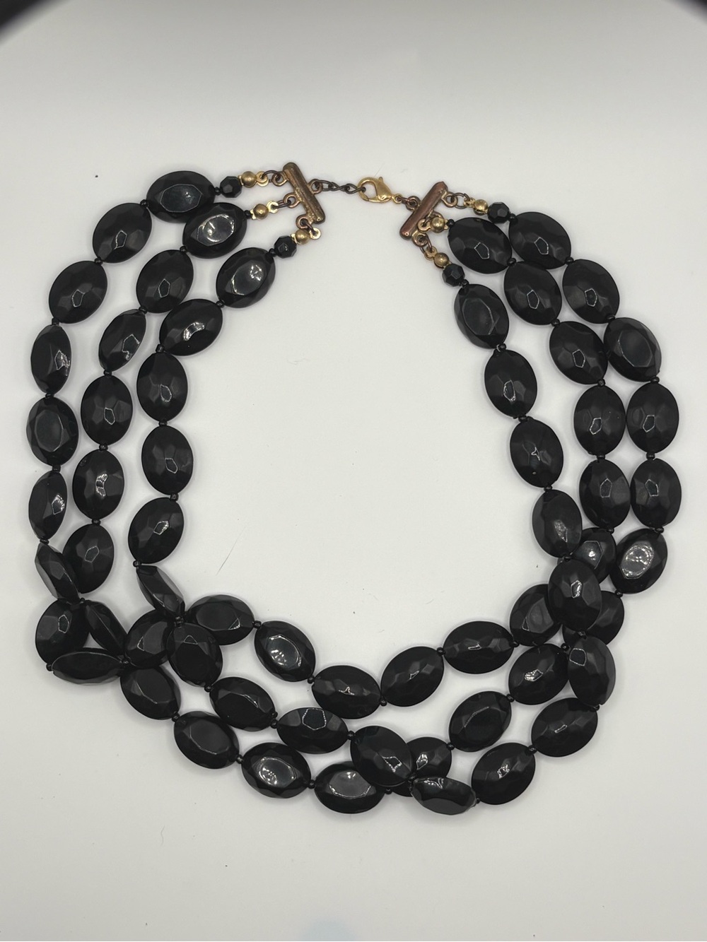 Vintage gold tone 3-stranded black beaded necklace